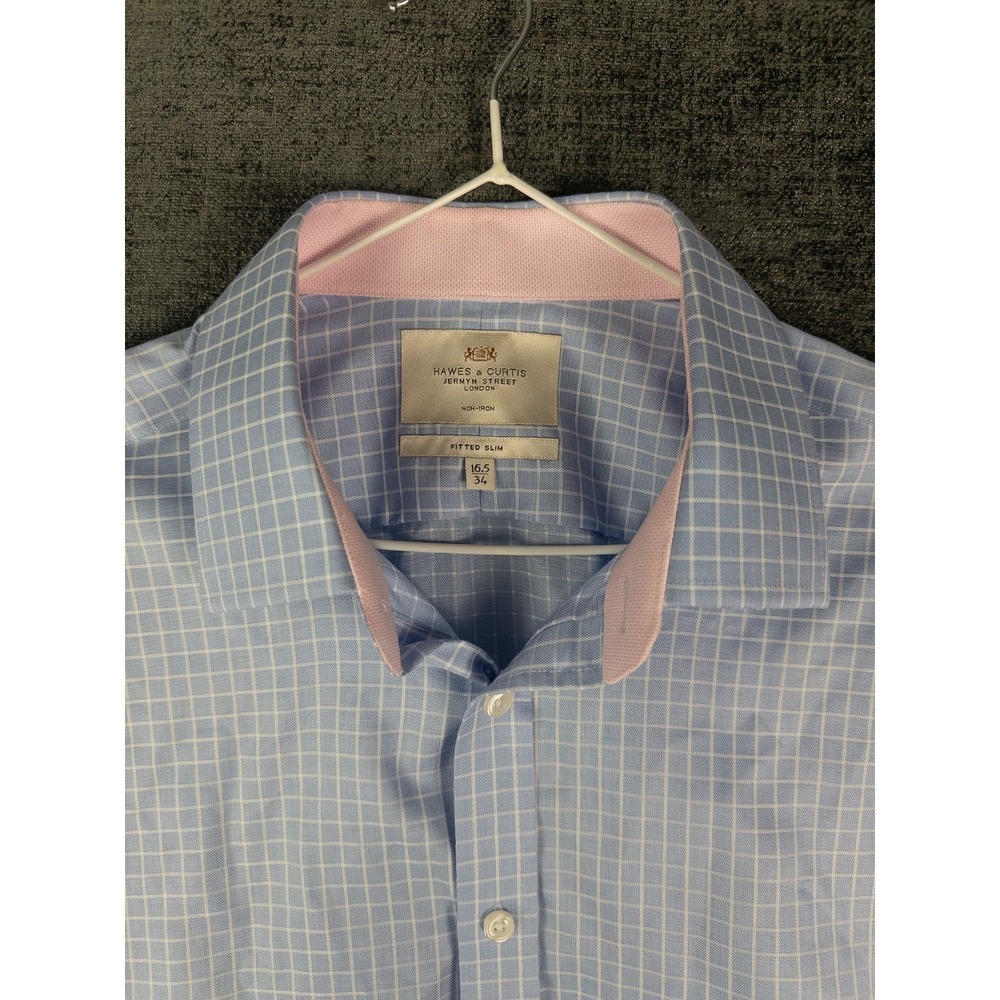 Hawes & Curtis Shirt Mens 16.5 34 Blue Check Fitted Slim‎ Button Up Cotton Dress